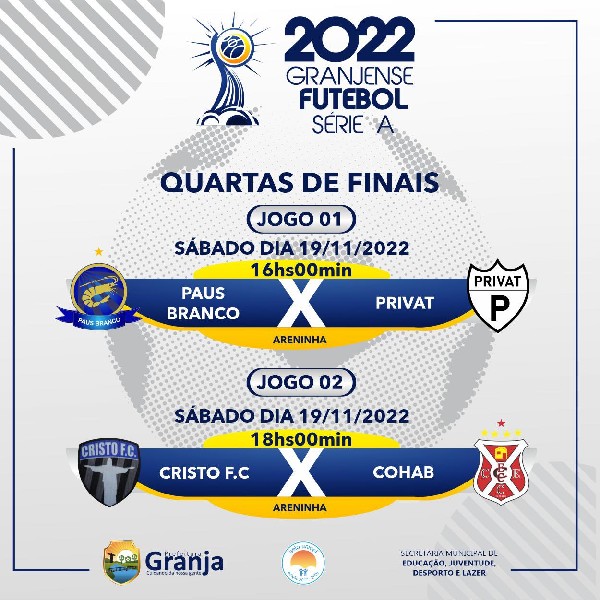 19 DE NOVEMBRO! IRÁ ACONTECER MAIS DOIS GRANDES JOGOS VALENDO PELAS QUARTAS  DE FINAIS DO GRANJENSE DE FUTEBOL.